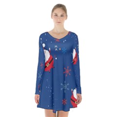 Feliz Natal, Santa, Merry Christmas Long Sleeve Velvet V-neck Dress