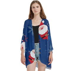 Feliz Natal, Santa, Merry Christmas Open Front 3/4 Sleeve Batwing Chiffon Cardigan Kimono