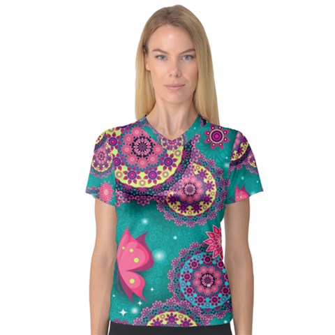 Floral Pattern, Abstract, Colorful, Flow V-neck Sport Mesh T-shirt by kyorashop23