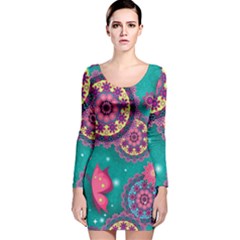 Floral Pattern, Abstract, Colorful, Flow Long Sleeve Velvet Bodycon Dress