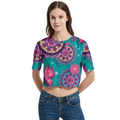 Floral Pattern, Abstract, Colorful, Flow Women s Round Neck Short Sleeve Crop Top