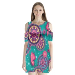 Floral Pattern, Abstract, Colorful, Flow Shoulder Cutout Velvet One Piece