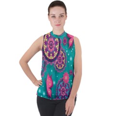 Floral Pattern, Abstract, Colorful, Flow Mock Neck Chiffon Sleeveless Top by kyorashop23