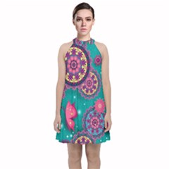 Floral Pattern, Abstract, Colorful, Flow Velvet Halter Neckline Dress 