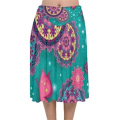 Floral Pattern, Abstract, Colorful, Flow Velvet Flared Midi Skirt