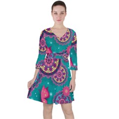 Floral Pattern, Abstract, Colorful, Flow Quarter Sleeve Ruffle Waist Dress