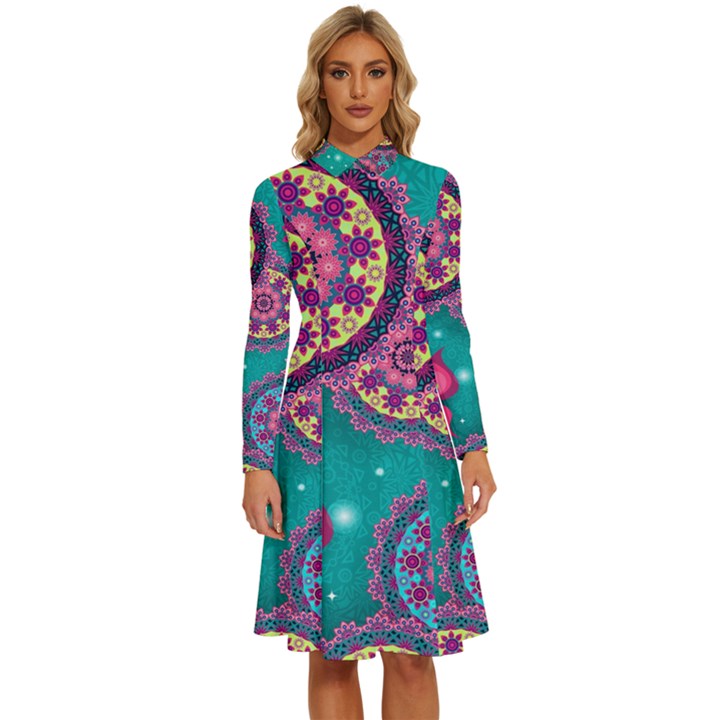 Floral Pattern, Abstract, Colorful, Flow Long Sleeve Shirt Collar A-Line Dress