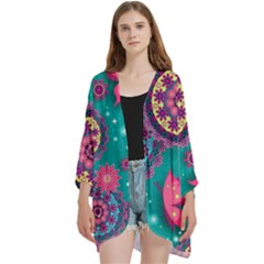 Floral Pattern, Abstract, Colorful, Flow Open Front 3/4 Sleeve Batwing Chiffon Cardigan Kimono by kyorashop23