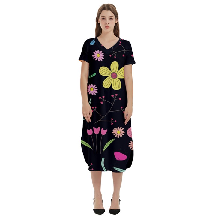 Foliage Pattern, Adorable Beautiful T-Shirt Midi Dress With Pockets