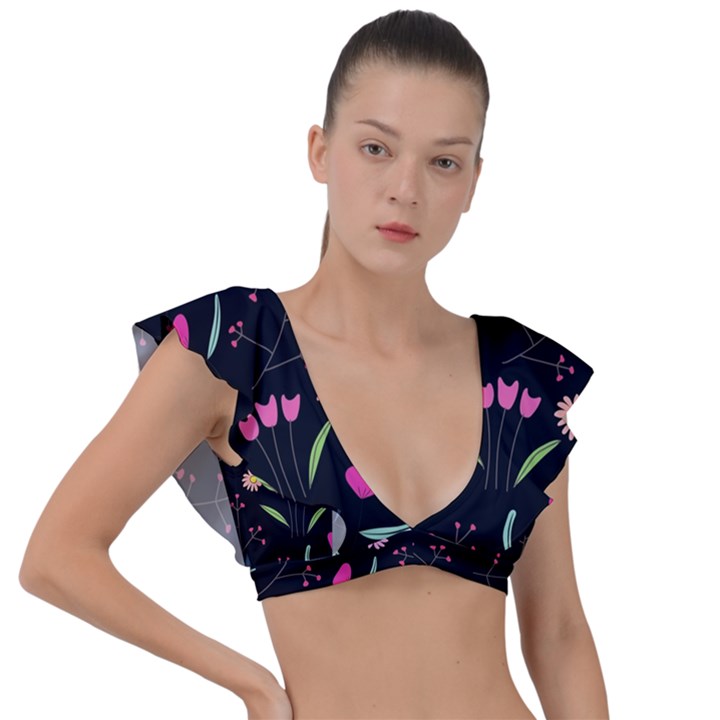 Foliage Pattern, Adorable Beautiful Plunge Frill Sleeve Bikini Top