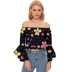 Foliage Pattern, Adorable Beautiful Off Shoulder Flutter Bell Sleeve Top