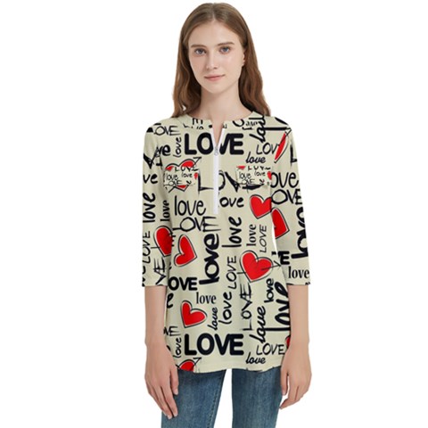 Love Abstract Background Love Textures Women s Zip Front V-neck 3/4 Sleeve Casual Top Pocket Shirt by kyorashop23