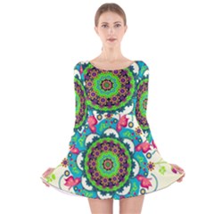 Mandala Flowers, Abstract, Butterflies, Floral, Pattern Long Sleeve Velvet Skater Dress