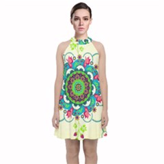 Mandala Flowers, Abstract, Butterflies, Floral, Pattern Velvet Halter Neckline Dress 