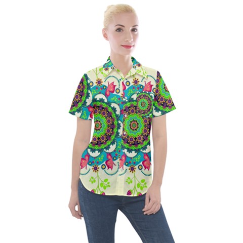 Mandala Flowers, Abstract, Butterflies, Floral, Pattern Women s Short Sleeve Pocket Shirt by kyorashop23