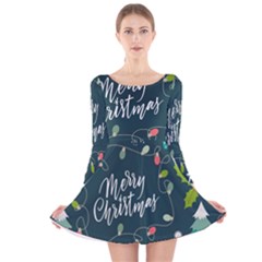 Merry Christmas, Happy New Year, Christmas Seamless Texture Long Sleeve Velvet Skater Dress