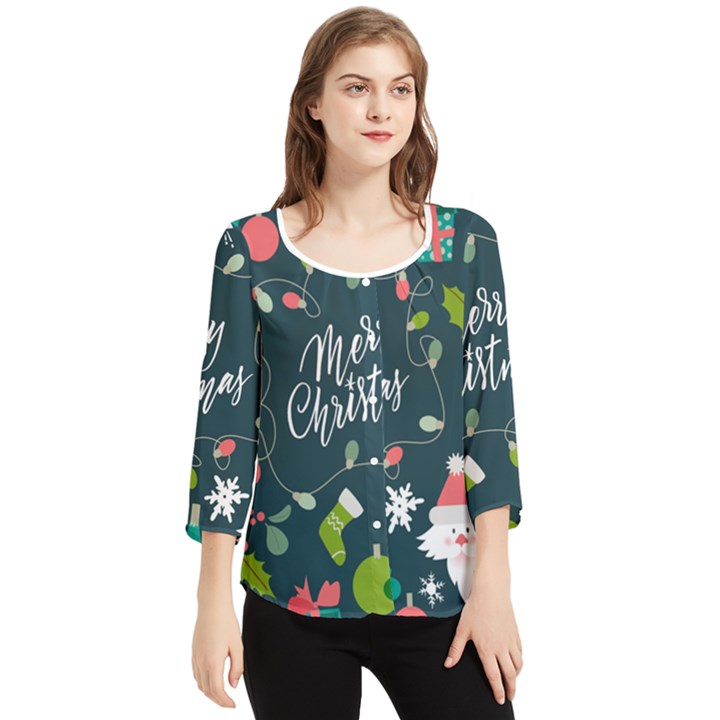 Merry Christmas, Happy New Year, Christmas Seamless Texture Chiffon Quarter Sleeve Blouse