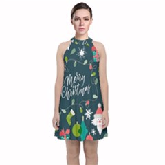 Merry Christmas, Happy New Year, Christmas Seamless Texture Velvet Halter Neckline Dress 