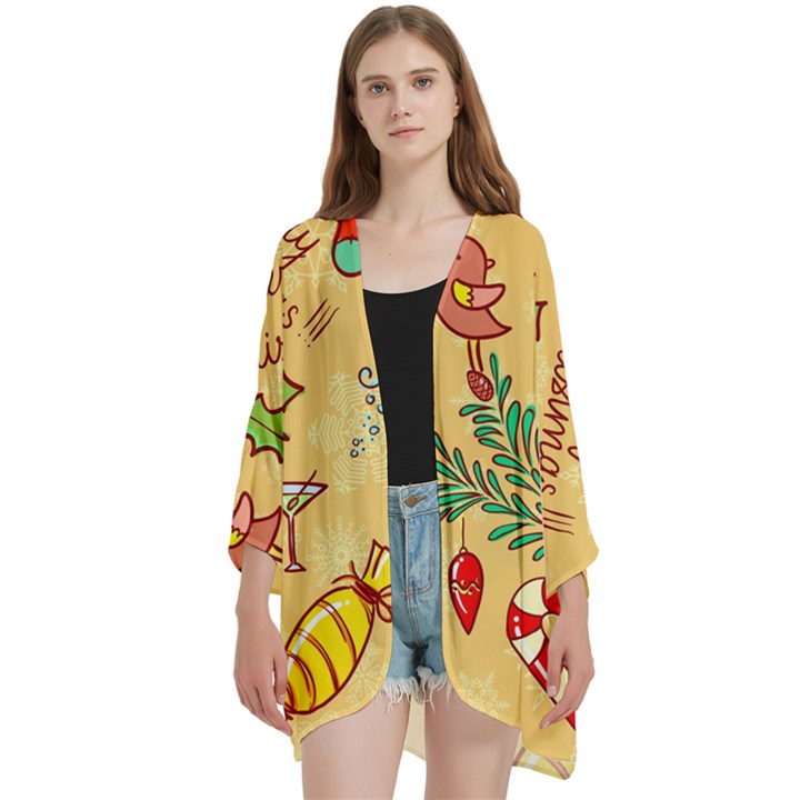 Merry Christmas, New Year Backgrounds, Happy New Year Open Front 3/4 Sleeve Batwing Chiffon Cardigan Kimono