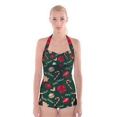 Merry Christmas Boyleg Halter Swimsuit 