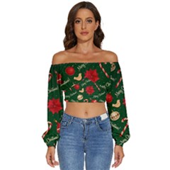 Merry Christmas Long Sleeve Crinkled Weave Crop Top