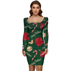 Merry Christmas Women Long Sleeve Ruched Stretch Jersey Dress by kyorashop23