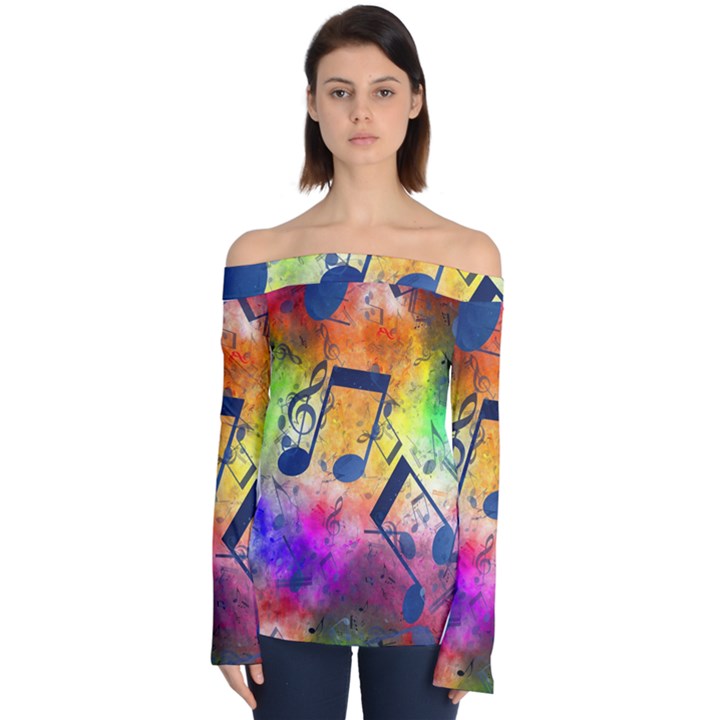 Music Texture, Grunge Music Background Off Shoulder Long Sleeve Top