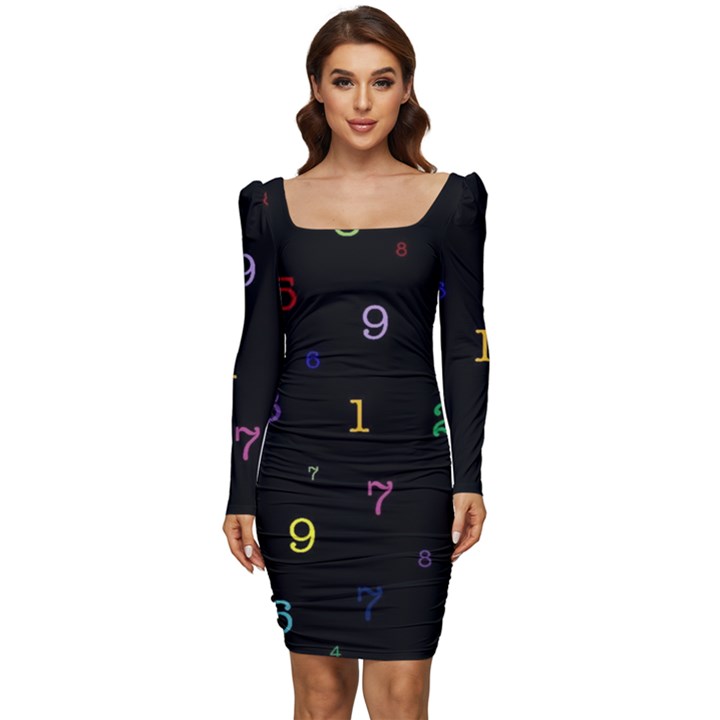 Numbers, Math, Keyboard Women Long Sleeve Ruched Stretch Jersey Dress