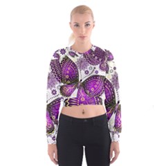 Purple Butterflies, Abstract, Floral, Flowers Cropped Sweatshirt