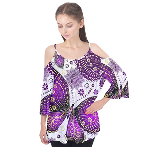 Purple Butterflies, Abstract, Floral, Flowers Flutter Sleeve T-shirt by kyorashop23