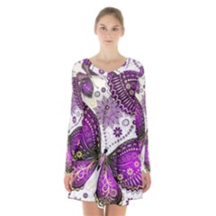 Purple Butterflies, Abstract, Floral, Flowers Long Sleeve Velvet V-neck Dress