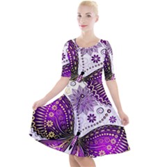 Purple Butterflies, Abstract, Floral, Flowers Quarter Sleeve A-line Dress by kyorashop23