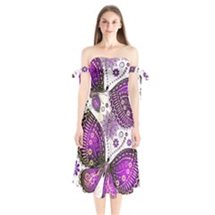 Purple Butterflies, Abstract, Floral, Flowers Shoulder Tie Bardot Midi Dress by kyorashop23