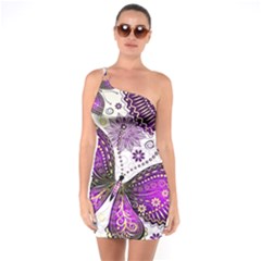 Purple Butterflies, Abstract, Floral, Flowers One Shoulder Ring Trim Bodycon Dress by kyorashop23