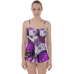 Purple Butterflies, Abstract, Floral, Flowers Babydoll Tankini Top