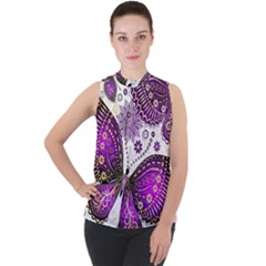 Purple Butterflies, Abstract, Floral, Flowers Mock Neck Chiffon Sleeveless Top by kyorashop23