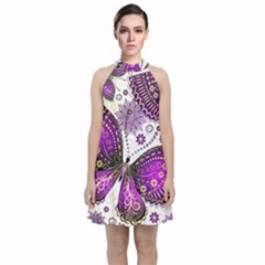 Purple Butterflies, Abstract, Floral, Flowers Velvet Halter Neckline Dress 