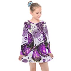 Purple Butterflies, Abstract, Floral, Flowers Kids  Long Sleeve Dress by kyorashop23