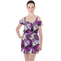 Purple Butterflies, Abstract, Floral, Flowers Ruffle Cut Out Chiffon Playsuit