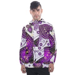 Purple Butterflies, Abstract, Floral, Flowers Men s Front Pocket Pullover Windbreaker