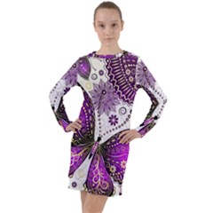 Purple Butterflies, Abstract, Floral, Flowers Long Sleeve Hoodie Dress