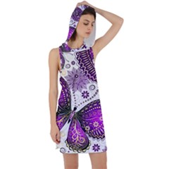 Purple Butterflies, Abstract, Floral, Flowers Racer Back Hoodie Dress