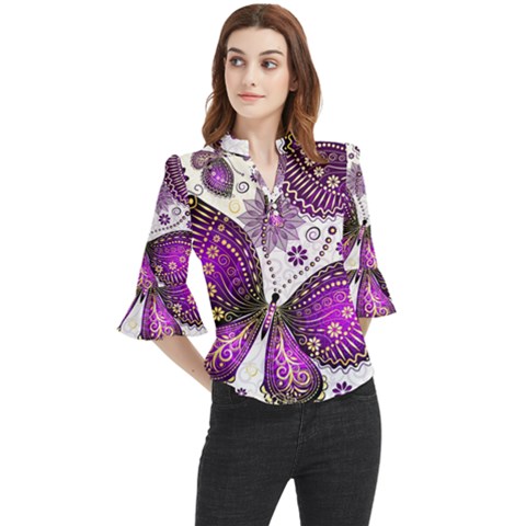 Purple Butterflies, Abstract, Floral, Flowers Loose Horn Sleeve Chiffon Blouse by kyorashop23