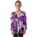 Purple Butterflies, Abstract, Floral, Flowers Kids  V Neck Casual Top View1