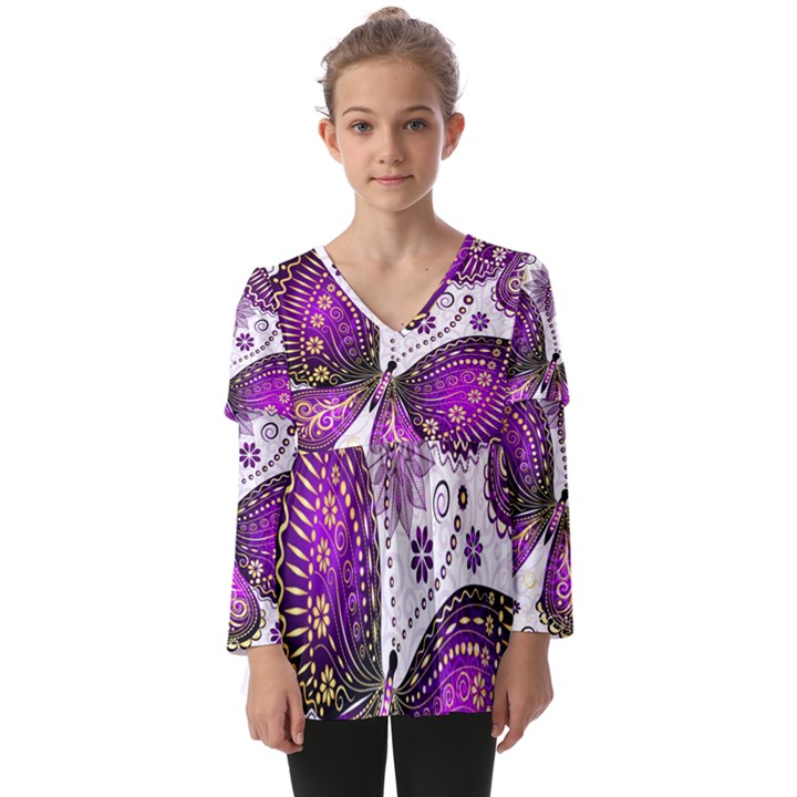 Purple Butterflies, Abstract, Floral, Flowers Kids  V Neck Casual Top