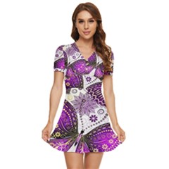 Purple Butterflies, Abstract, Floral, Flowers V-neck High Waist Chiffon Mini Dress by kyorashop23