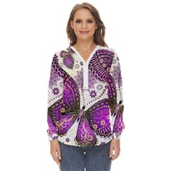 Purple Butterflies, Abstract, Floral, Flowers Zip Up Long Sleeve Blouse