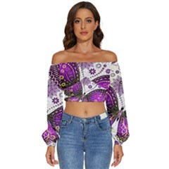 Purple Butterflies, Abstract, Floral, Flowers Long Sleeve Crinkled Weave Crop Top by kyorashop23