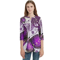 Purple Butterflies, Abstract, Floral, Flowers Women s Zip Front V-neck 3/4 Sleeve Casual Top Pocket Shirt