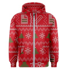 Red Christmas Pattern Xmas Decorations, Christmas Knitted Texture Men s Zipper Hoodie